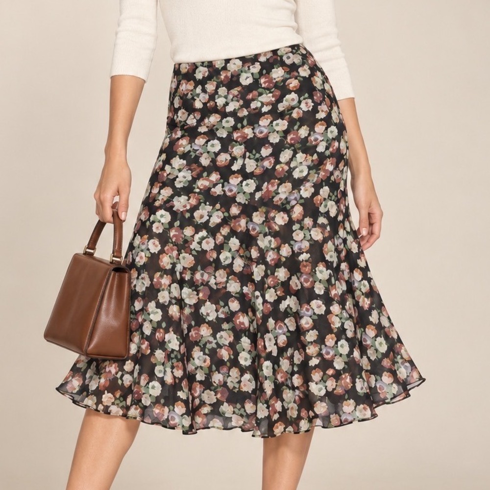 Lauren Ralph Lauren Floral Chiffon Midi Skirt M Black Rose Flared Romantic